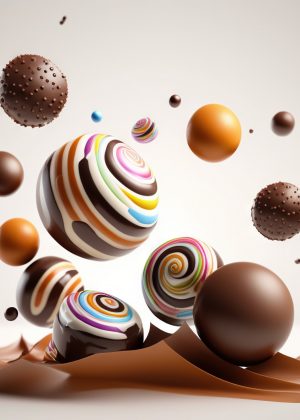 Floating assortment of colorful striped chocolate spheres and brown truffles above a chocolate splash.